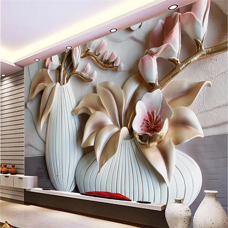 

beibehang Customize any size fresco wallpaper lily embossed 3D backdrop decorative vase fresco wallpaper papel de parede