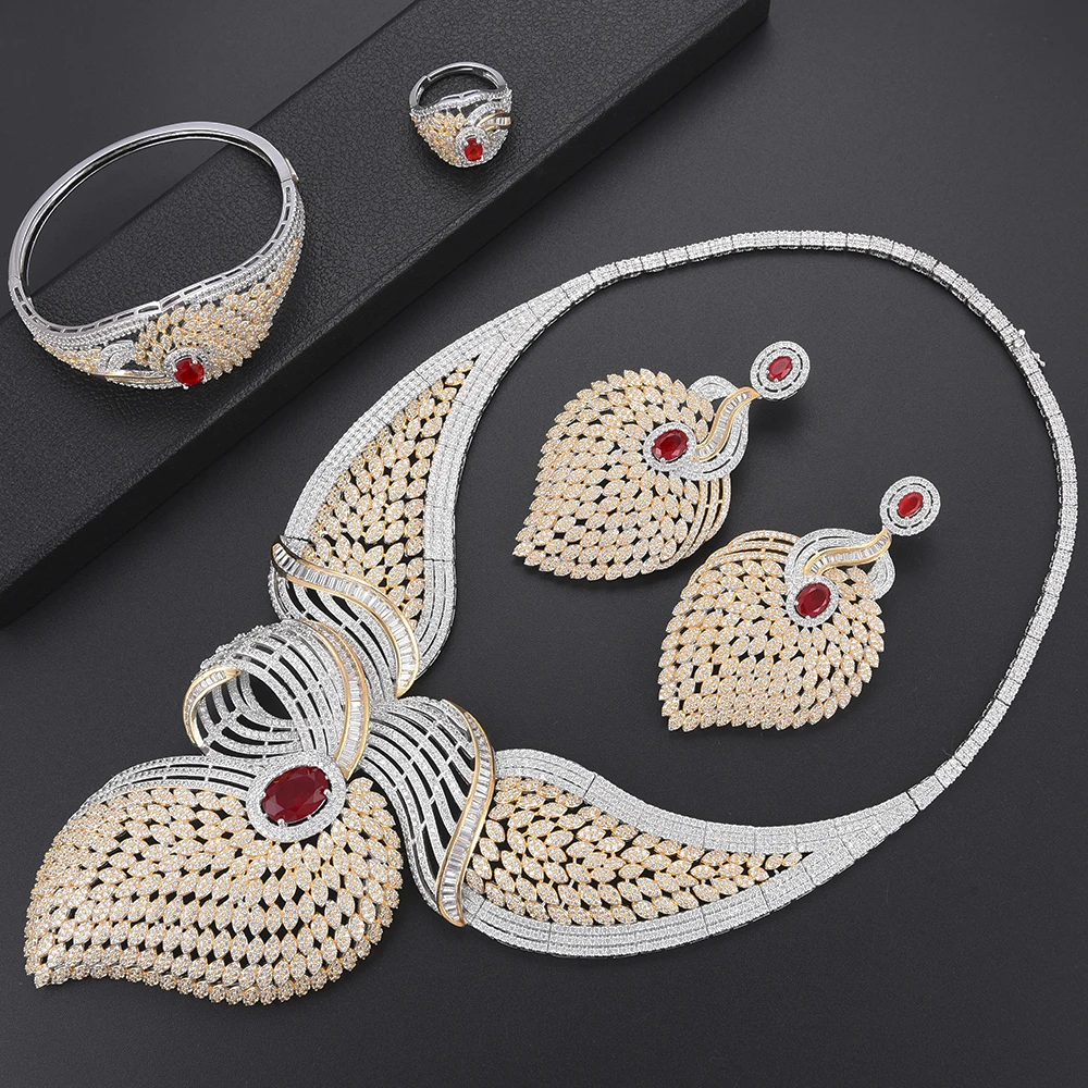 

Luxury Bride Wedding Collar Necklace CZ dubai jewelry sets for women Necklace Earrings fashion jewelry Ring Bracelet Jewelry