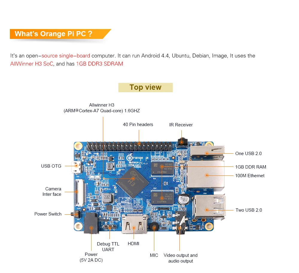 Оранжевый Pi PC SET1: оранжевый Pi PC+ USB к DC 4,0 мм-1,7 мм кабель питания поддерживается Android, Ubuntu, Debian