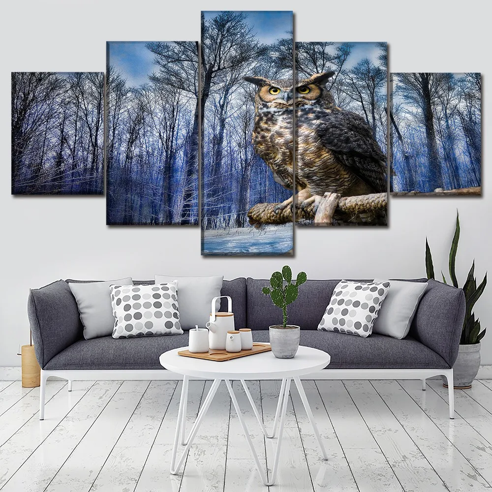 

Canvas Pictures Living Room Wall Art Prints 5 Piece/Pcs Owl Bird On Winter Tree Painting Home Decor Animal Poster Framework
