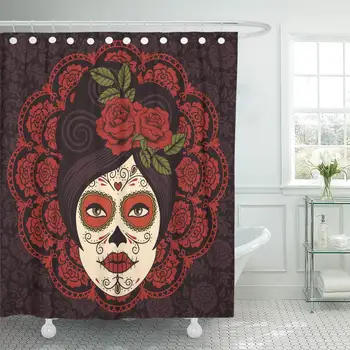 

Shower Curtain Red Dead Mexican Skull Girl Black Rose Shower Curtains Sets Hooks 60 x 72 Inches Waterproof