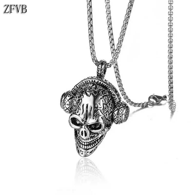 

ZFVB Hiphop Rock Skull Music Headset Pendant Necklaces Men Stainless Steel High Quality Punk Skull Necklace Pendant Jewelry Gift