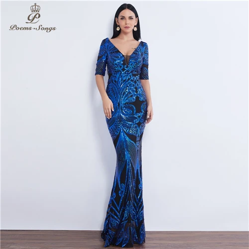 Half sleeve Butterfly style Sequin Evening dress vestido de festa formal mermaid vestido de noche robe de soiree prom dress - Цвет: color as photo