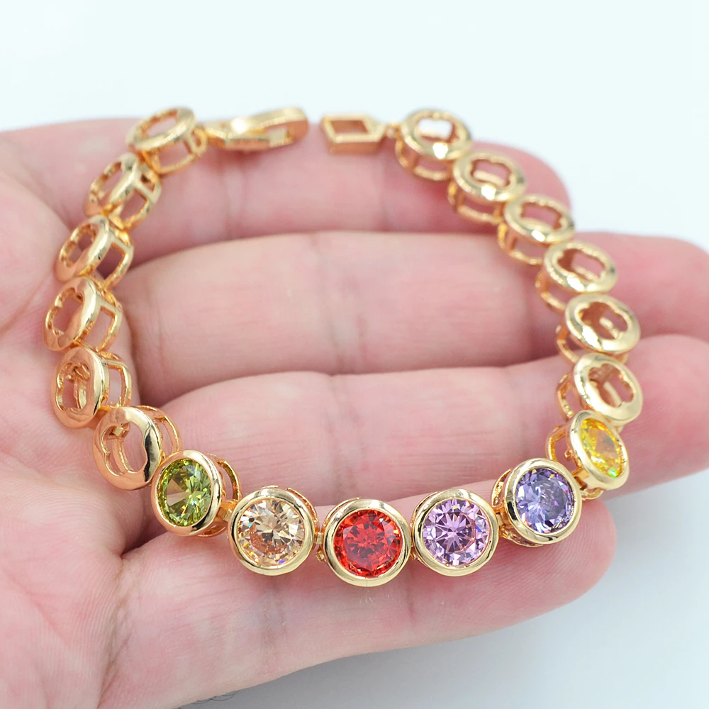 

Gold Color AAA+ Cubic Zirconia Fashion Women Rainbow Multicolor Round CZ Candy Charm Bracelet Jewelry