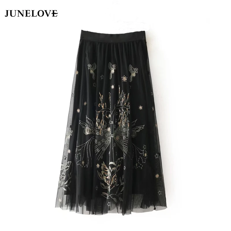 

JuneLove 2019 winter women casual high waist skirt butterfly embroidery fashion female skirt ankle length black skirt