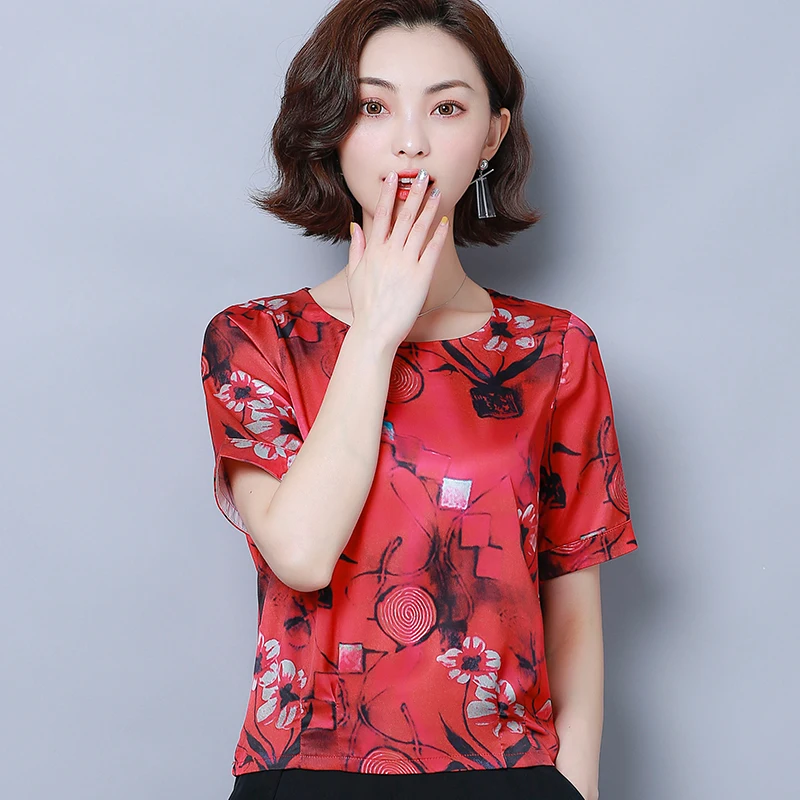 Korean Fashion Silk Women Blouses Satin Womens Tops and Blouses Print Short Sleeve Women Shirts Plus Size XXXL Ladies Tops