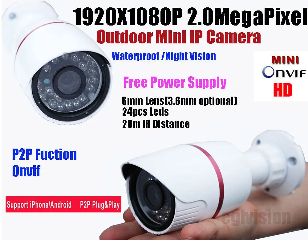 

Free shipping 2mp IP camera HD 1080P IP Network Security CCTV Waterproof IR Camera IP66 support POE and Onvif