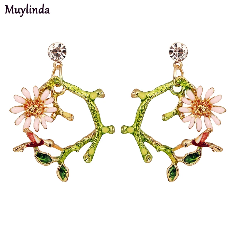 

Muylinda Flower Metal Trendy Drop Earrings Enamely Bird Daisy Dangle For Women Statement Earring
