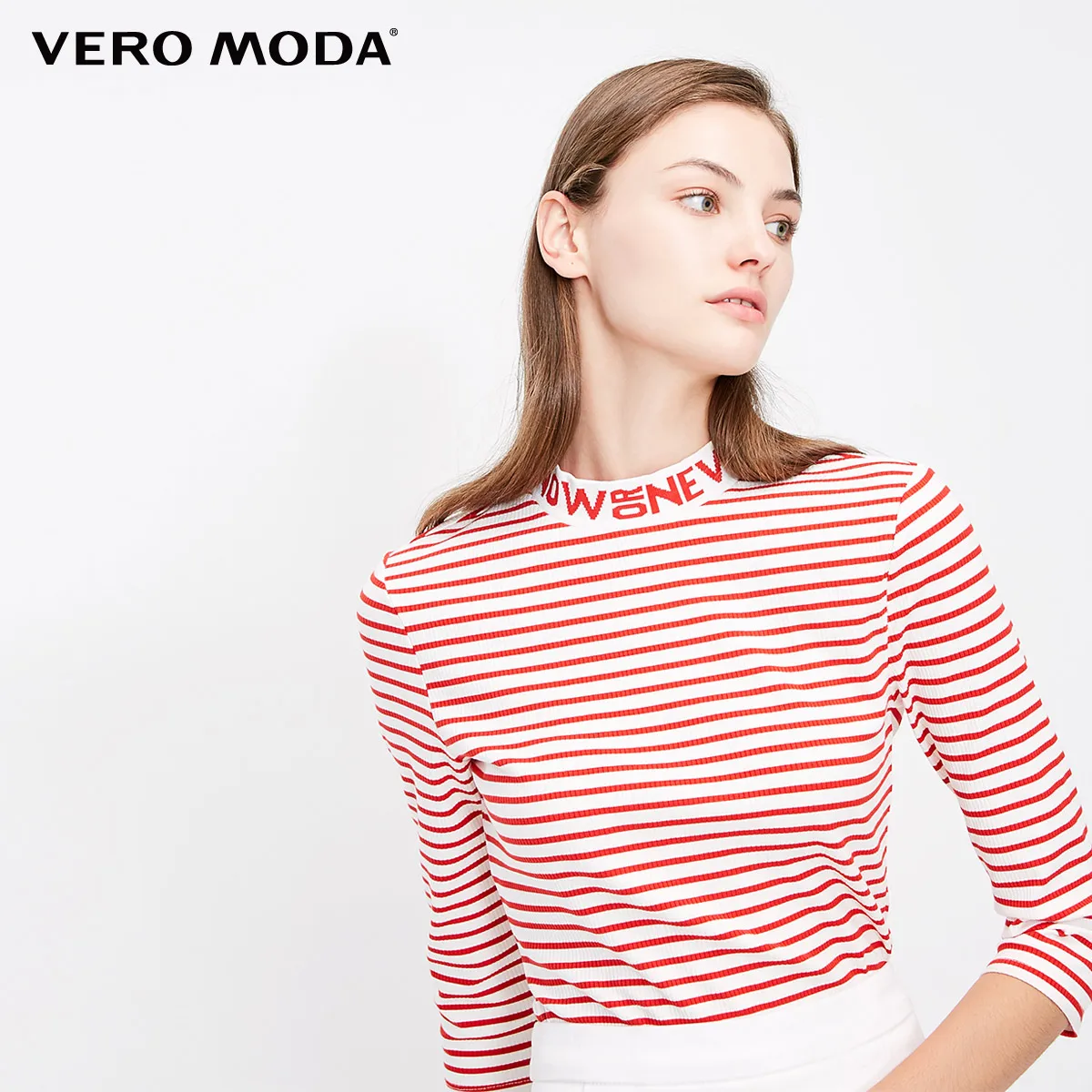 Vero Moda Женская Полосатая футболка с буквенным принтом и 3/4 рукавами | 318330515 - Цвет: Flash red