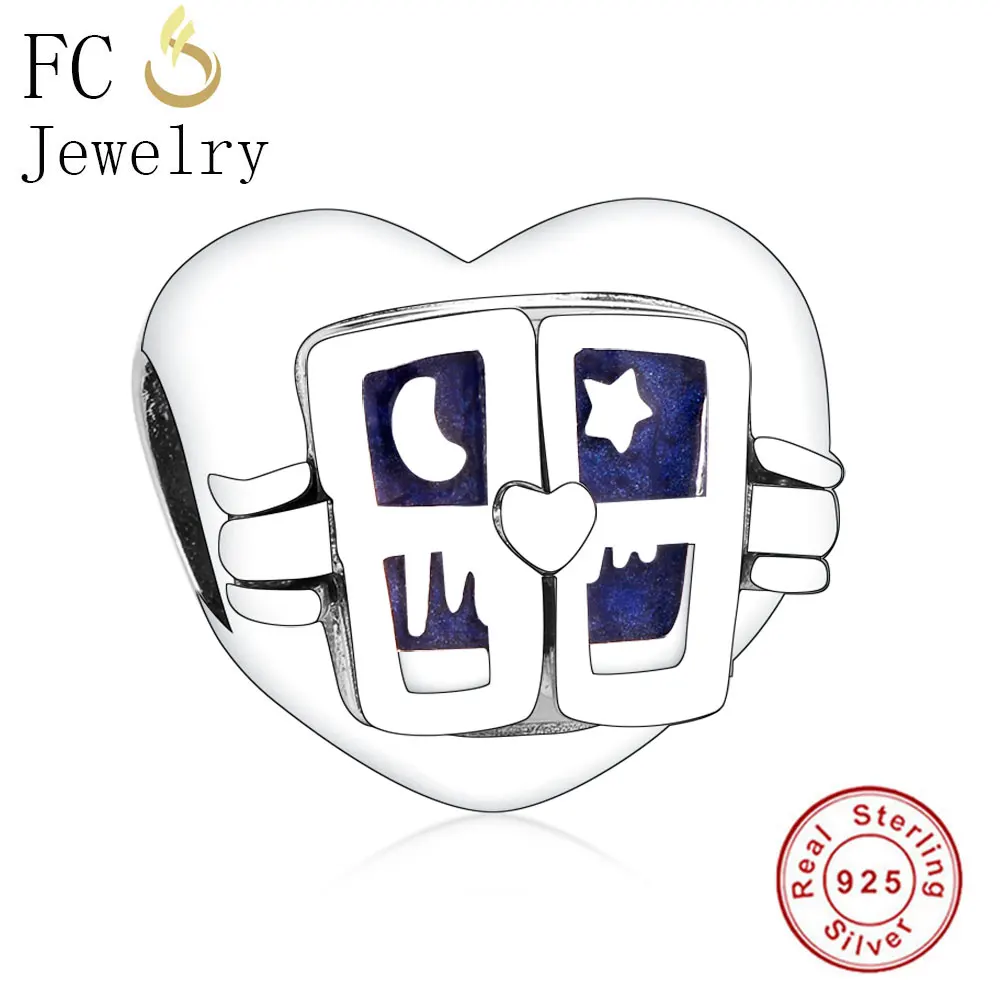 

FC Jewelry Fit Original Pandora Charm Bracelet 925 Sterling Silver Blue Enamel Square Window Moon Star Heart Bead Berloque 2019