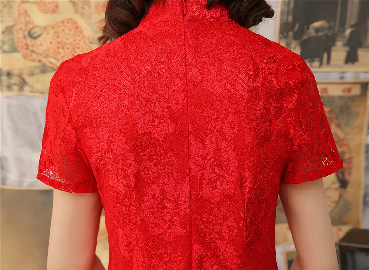 Шанхай история 2019 Высокое качество короткий рукав длинный cheongsam Замочная скважина бисером Qipao высокого Сплит китайские кружевные вечерние