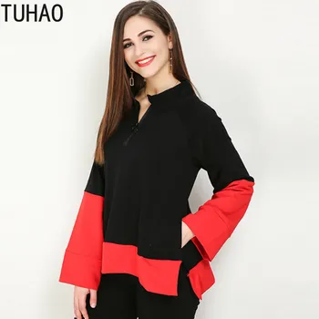 

TUHAO 2019 Red Black Office Lady Vintage Shirt Top Plus Size 7XL 6XL 5XL Flare Sleeve Zipper Neck Woman top Shirts RL
