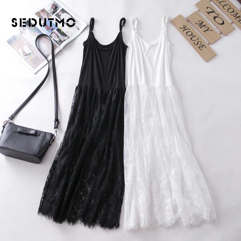 

SEDUTMO Spring Basic Gauze Lace Dress Women Tunic Long Spaghetti Strap Dresses Sundress Summer Modal Mesh Sexy Party Dress ED026