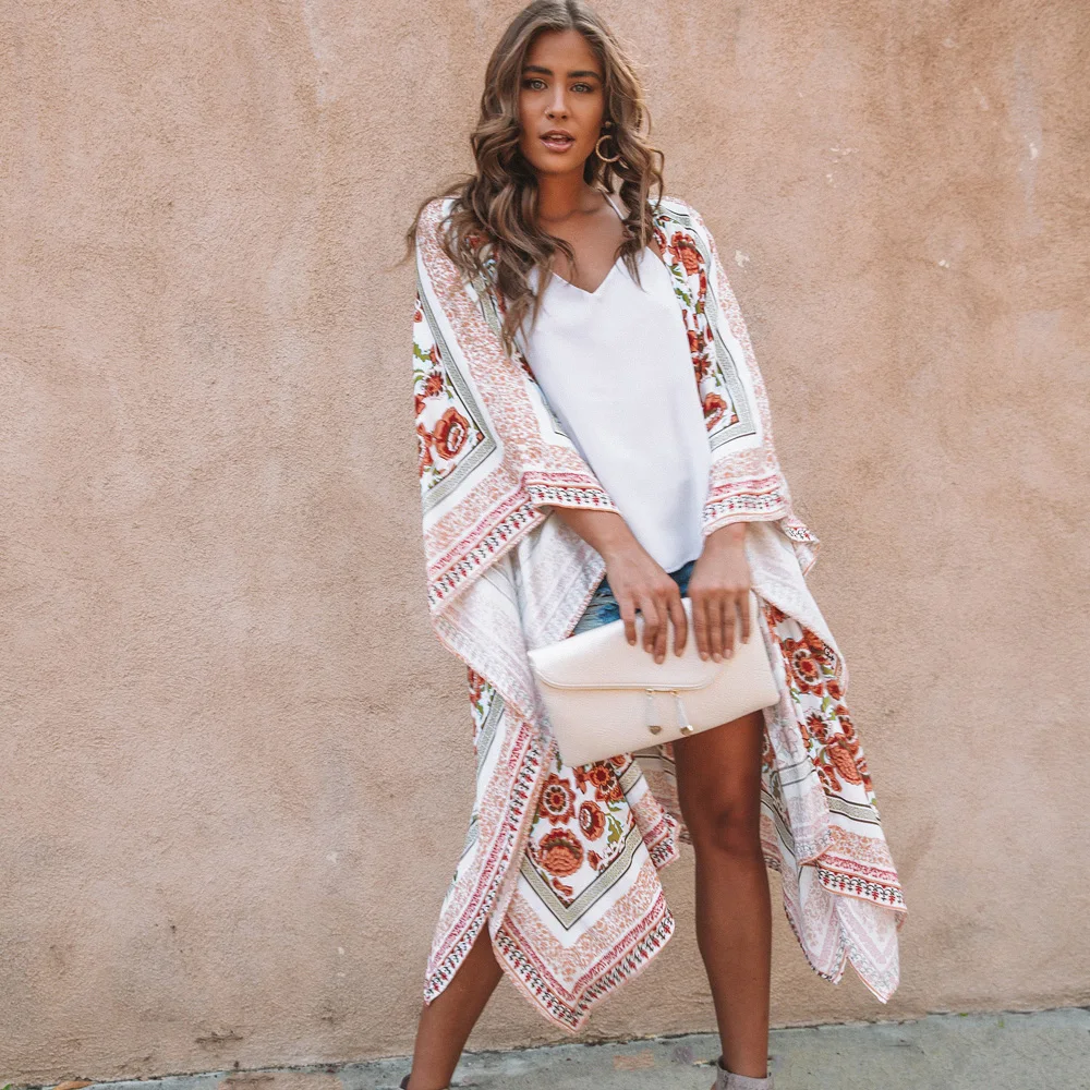 

JSMY Women New Summer Flower Print Sunscreen Cardigan Long Dress Chiffon Loose Tunic Robe Cover-up