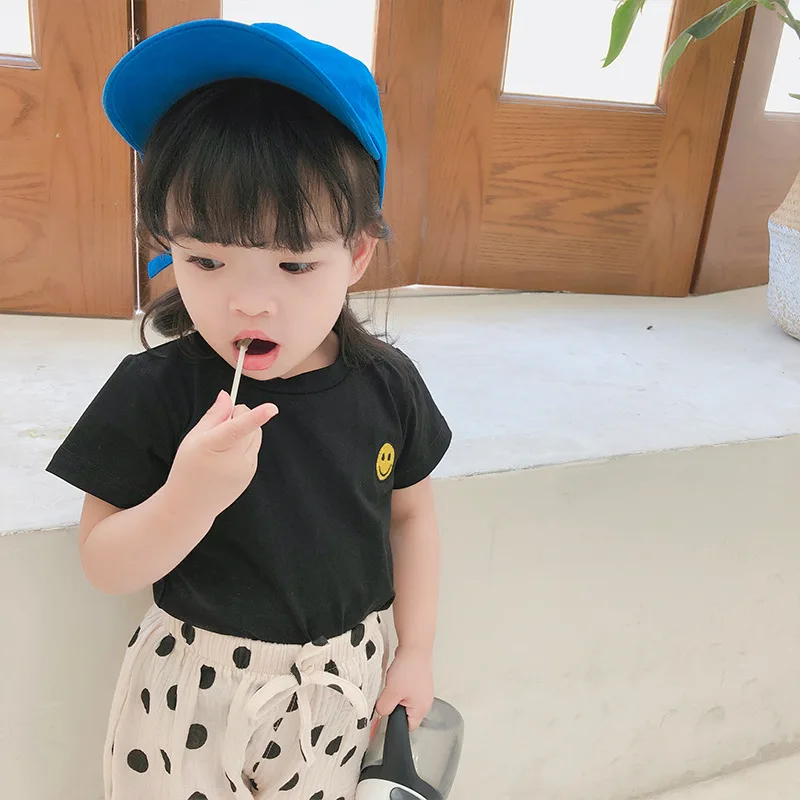 

Summer kids cotton cartoon smiling face embroidery short sleeve T shirts baby boys girls casual Tees Tops 0-4Y