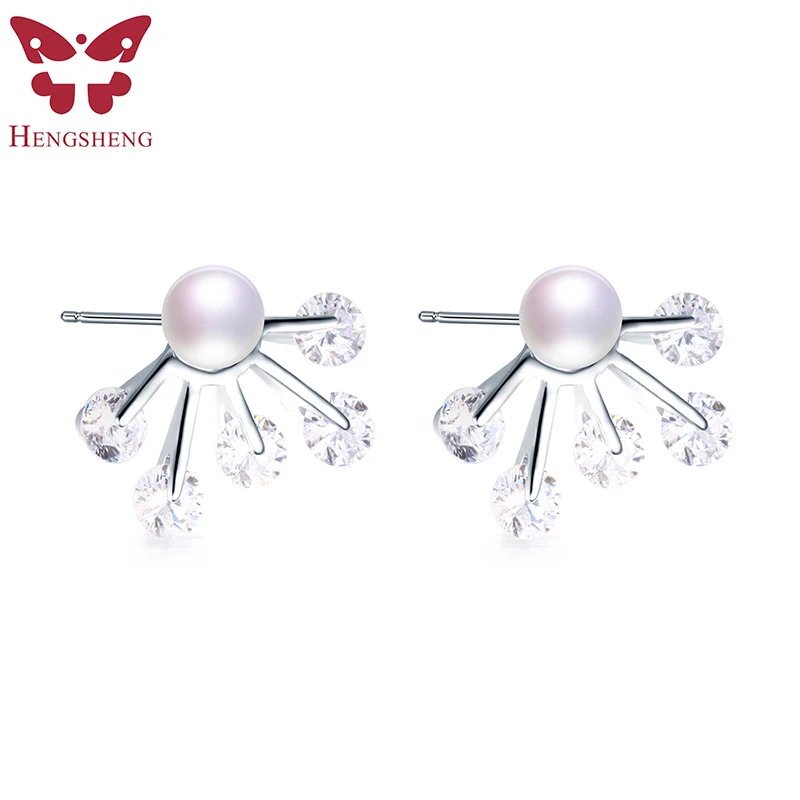 

HENGSHENG Beautiful Zircon Stud Earrings,Natural Pearl Women Earrings,Fashion Jewelry,Five Twinkle Zircons With Gift Box For GF