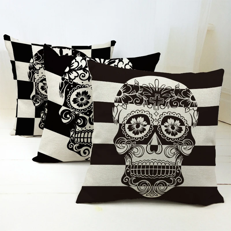 

calavera mexicana Cotton Cheap Cushion Covers Skull 3D Printing Halloween Decor For Couch Pillow case kussen zwart wit
