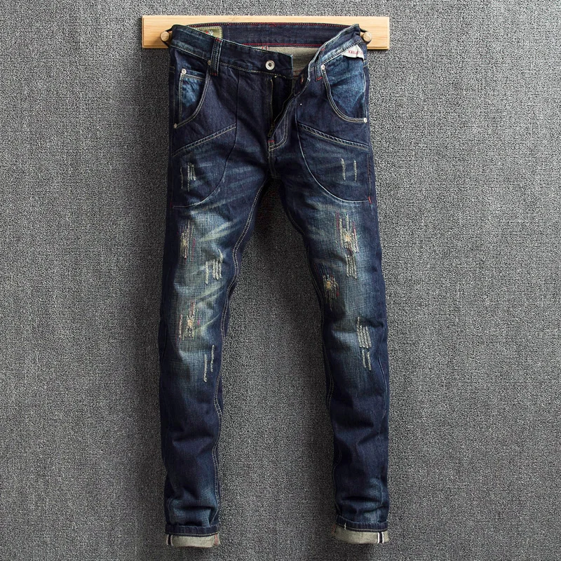 

Fashion Classical Men Jeans Dark Blue Slim Fit Big Pocket Denim Cargo Pants Embroidery Ripped Jeans Men Streetwear Hip Hop Jeans