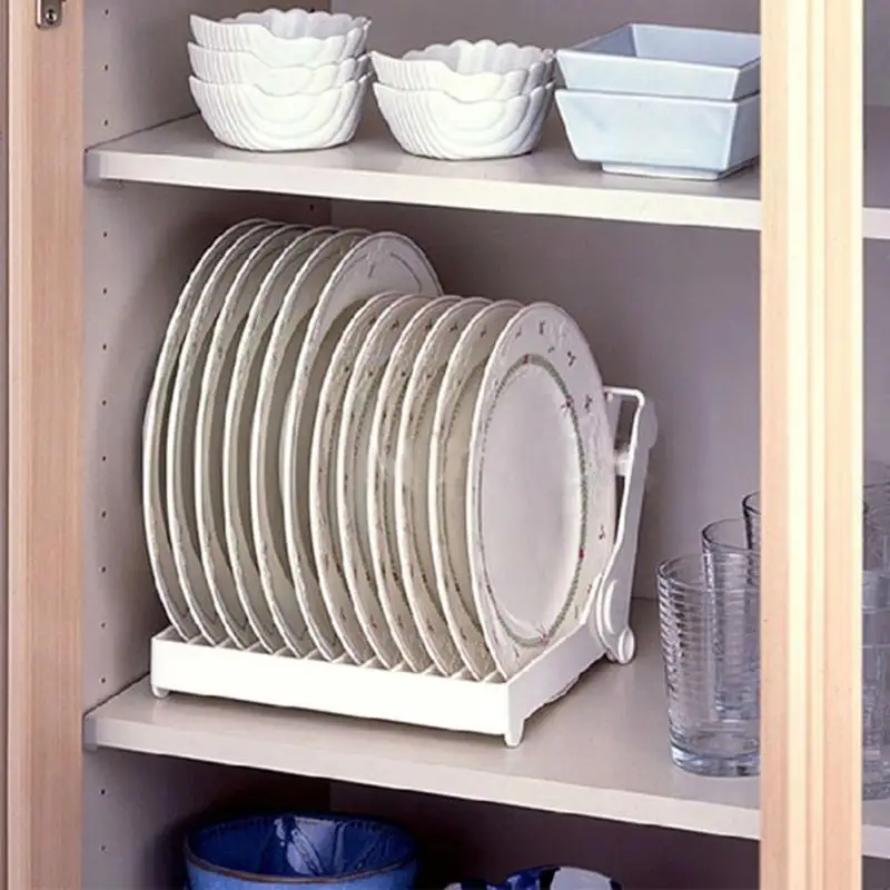 Por Kitchen Plate Organizer Foldable Dish Plate Drying Rack Organizer Drainer Plastic Storage Holder White China