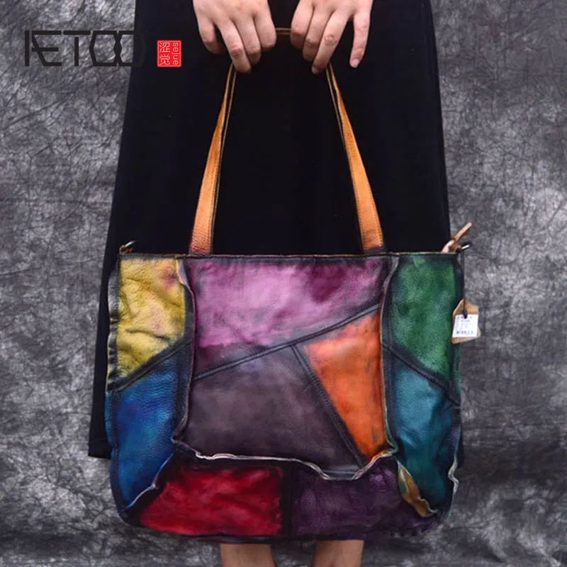 AETOO Leather handbags new top layer leather color retro irregular stitching simple casual slung shoulder bag AETOO Leather handbags new top layer leather color retro irregular stitching simple casual slung shoulder bag