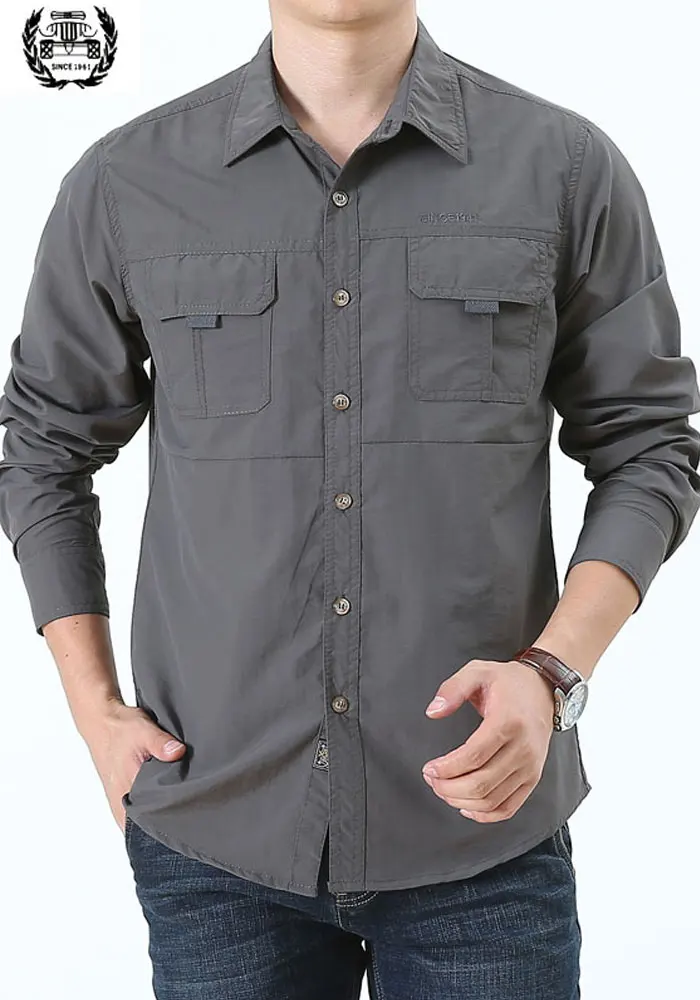 Фирменная одежда для мужчин военный Дизайнер Повседневная мужская рубашка одежда высокого качества нейлон Карго повседневные рубашки сплошной цвет с длинным рукавом