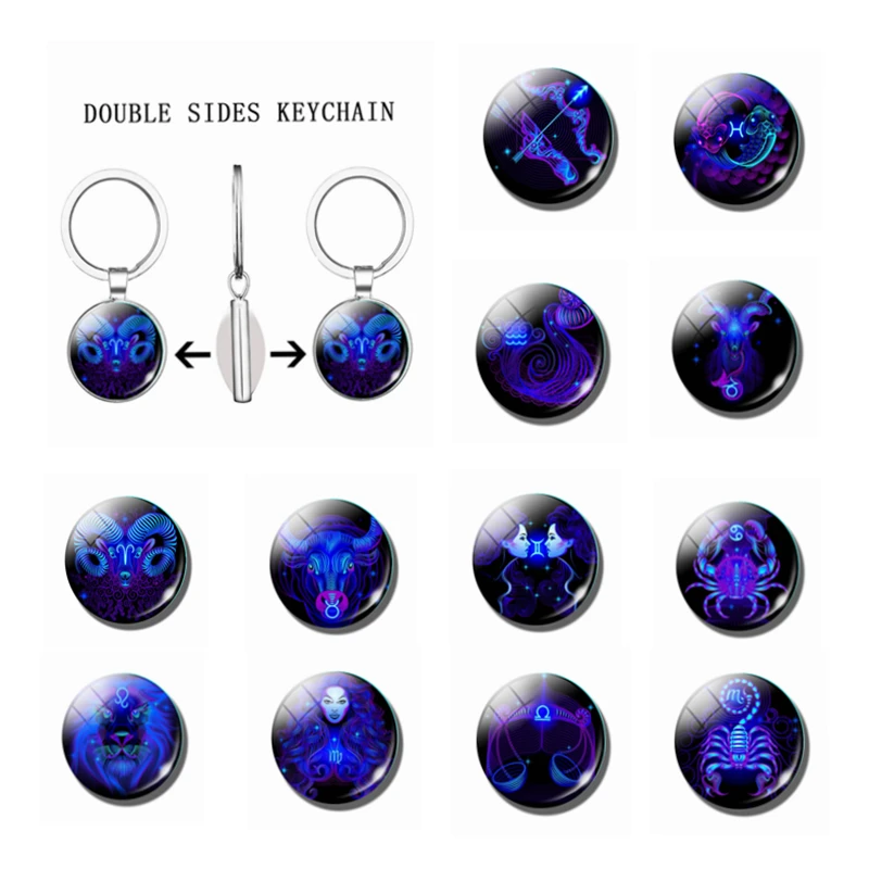 

12 Constellation Zodiac Sign Keychain Double FaceS Glass Cabochon Jewelry Key Ring Cancer Leo Pendant Women DIY Birthday Gifts