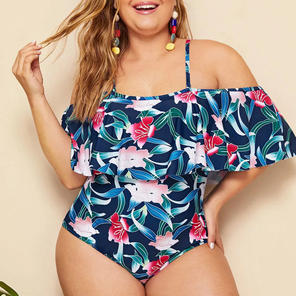 

2019 Woman Plus Size Swimsuit One Piece Bathing Suit for Women Big Flower Beach Swimming Vintage Bather Female Swimwear #D