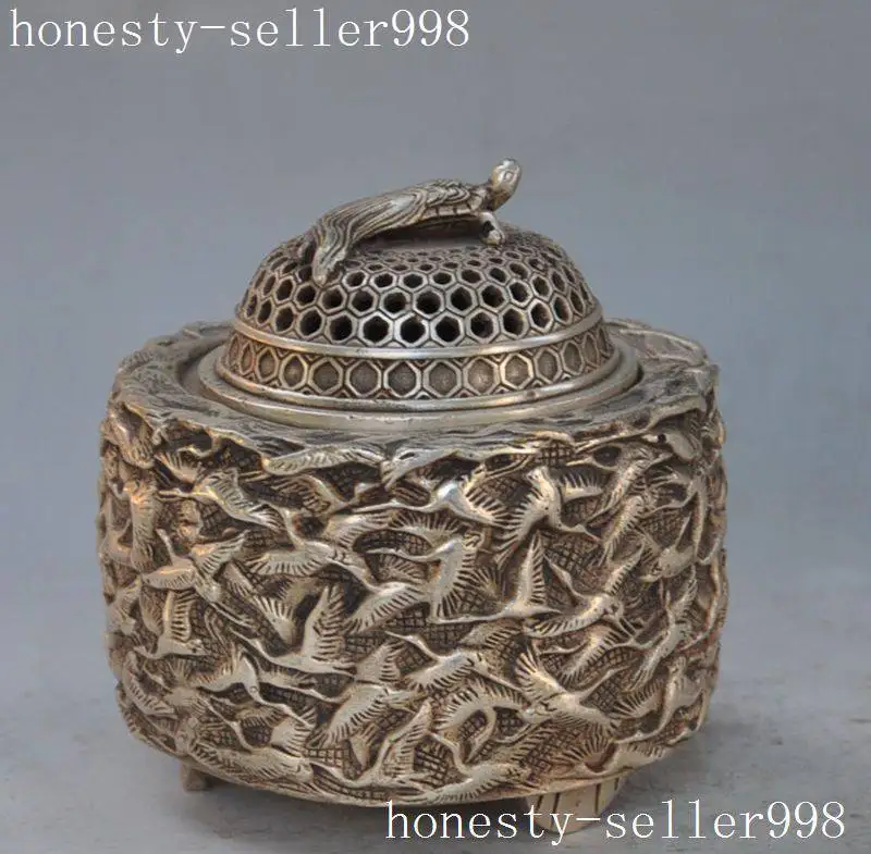 

christmas chinese tibet silver turtle Tortoise Hundred crane bird statue incense burner halloween