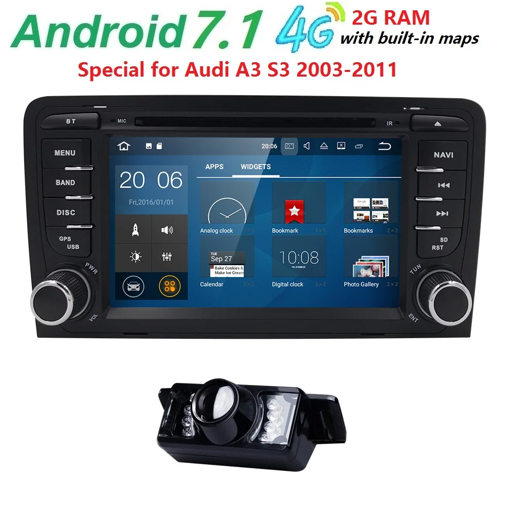 Excellent 7" AutoRadio 2 Din Android 7.1 GPS Head unit for Audi A3/S3 2003 2004 2005 2006 2007 2008 2009 2010 2011 Navigation DAB+/4G/WIFI 1