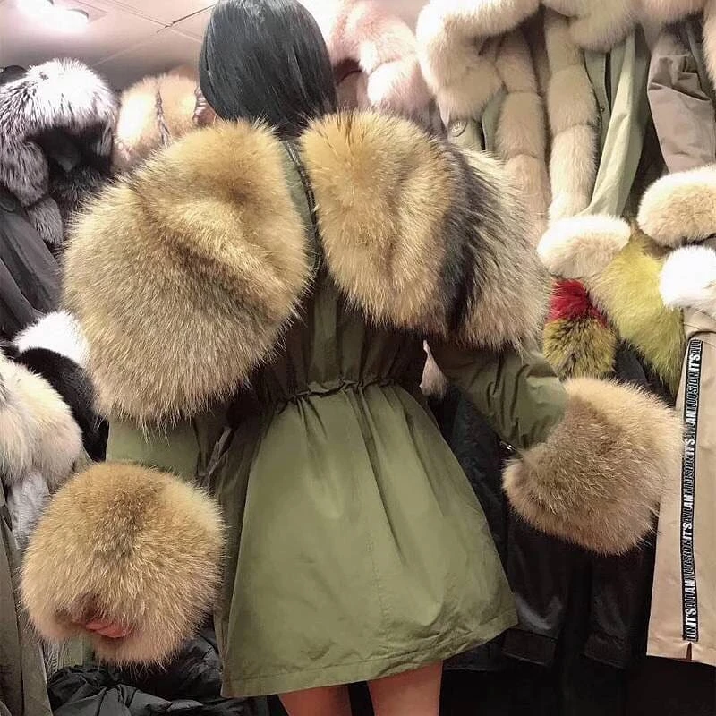 Real Fur Coat Women Parka Winter Jacket Big Natural Raccoon Fur Hood Down Jacket Long Outerwear Real Fox Fur Collar Down Coat