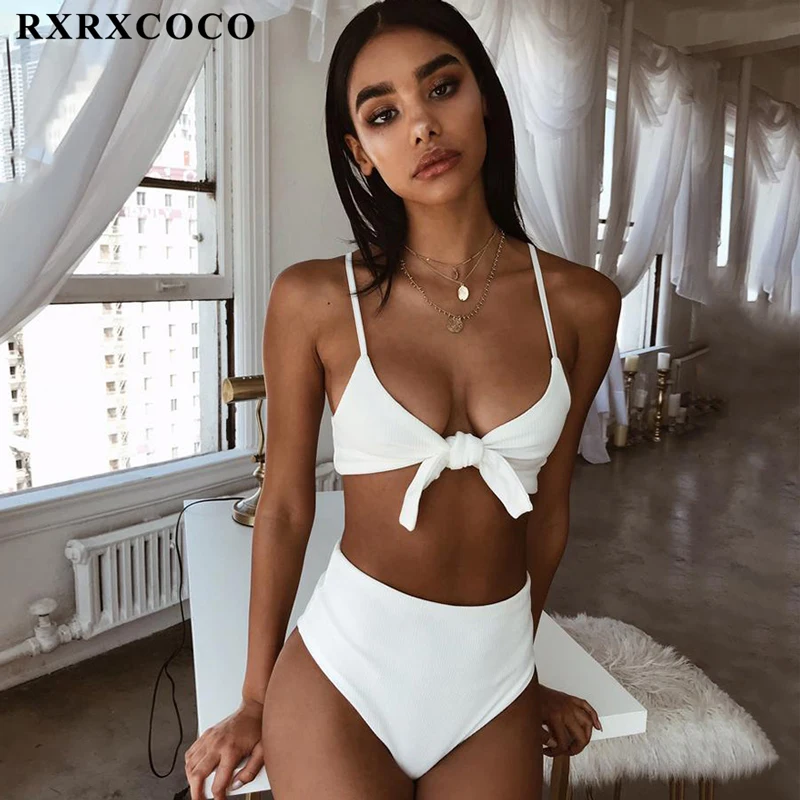 

RXRXCOCO Solid Bikini Swimwear Women Swimsuit High Waist Bikini Set Push Up Bathing Suit Women Front Tie Beach Wear With Pad