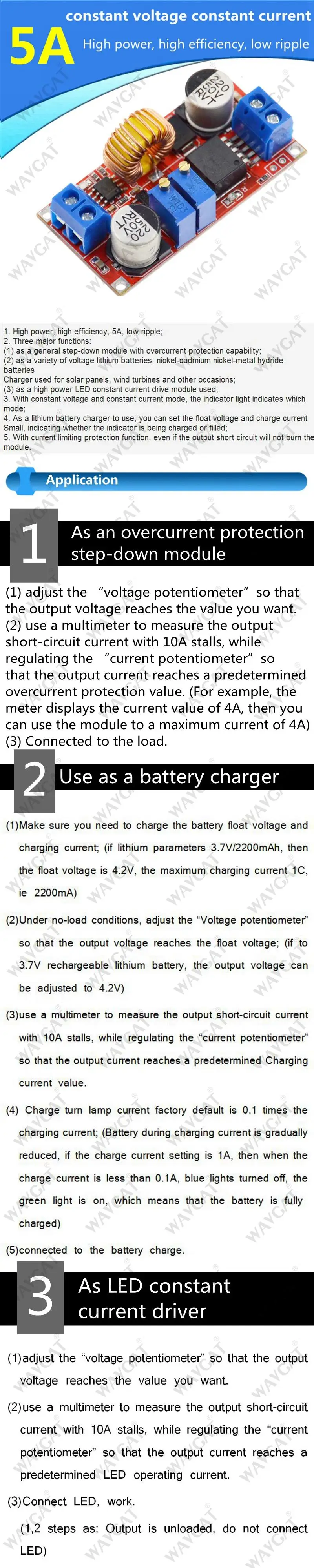 Wavgat 5A DC to DC CC CV Lithium Battery Step Down Charging Board