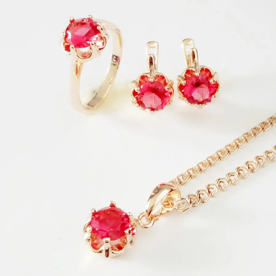 

Wedding Jewelry Sets Office Style Rose 585 Gold Color Women Jewelry Round Red Cubic Zirconia Ring/Earring/Necklace Sets