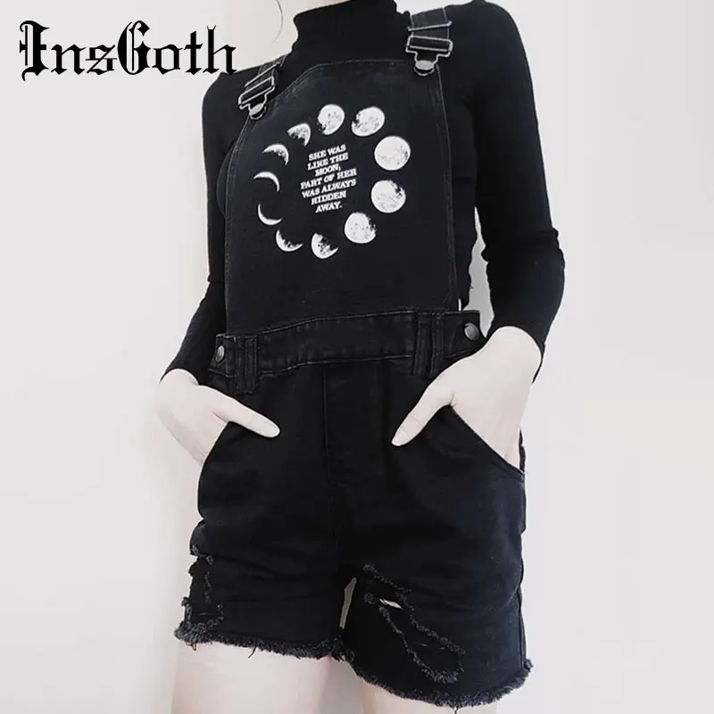 

InsGoth Gothic Shorts Women Casual Black Rompers Moon Printed Slim Streetwear Female Shorts Gothic Punk Fashion Autumn Playsuit