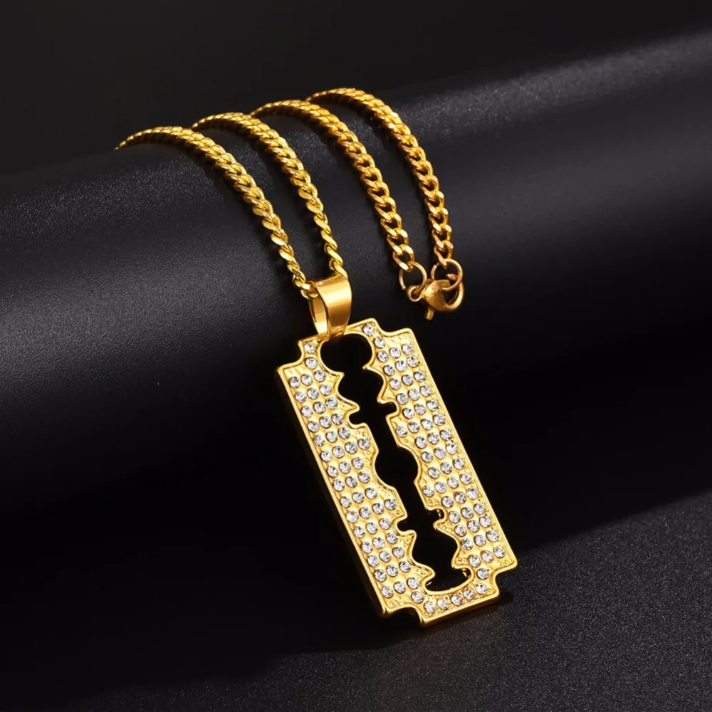 

Hip Hop Bling Ice Out Razor Blade Pendants Necklaces Gold Color Stainless Steel Chain Barber Shop Necklace for Men Jewelry