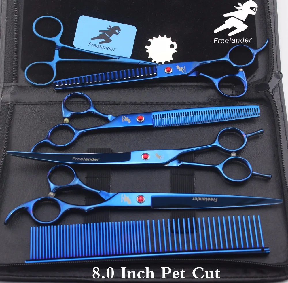 

8 "Professional pet grooming kit, direct and thinning scissors and curved pieces 4 pieces. Blue scissors set