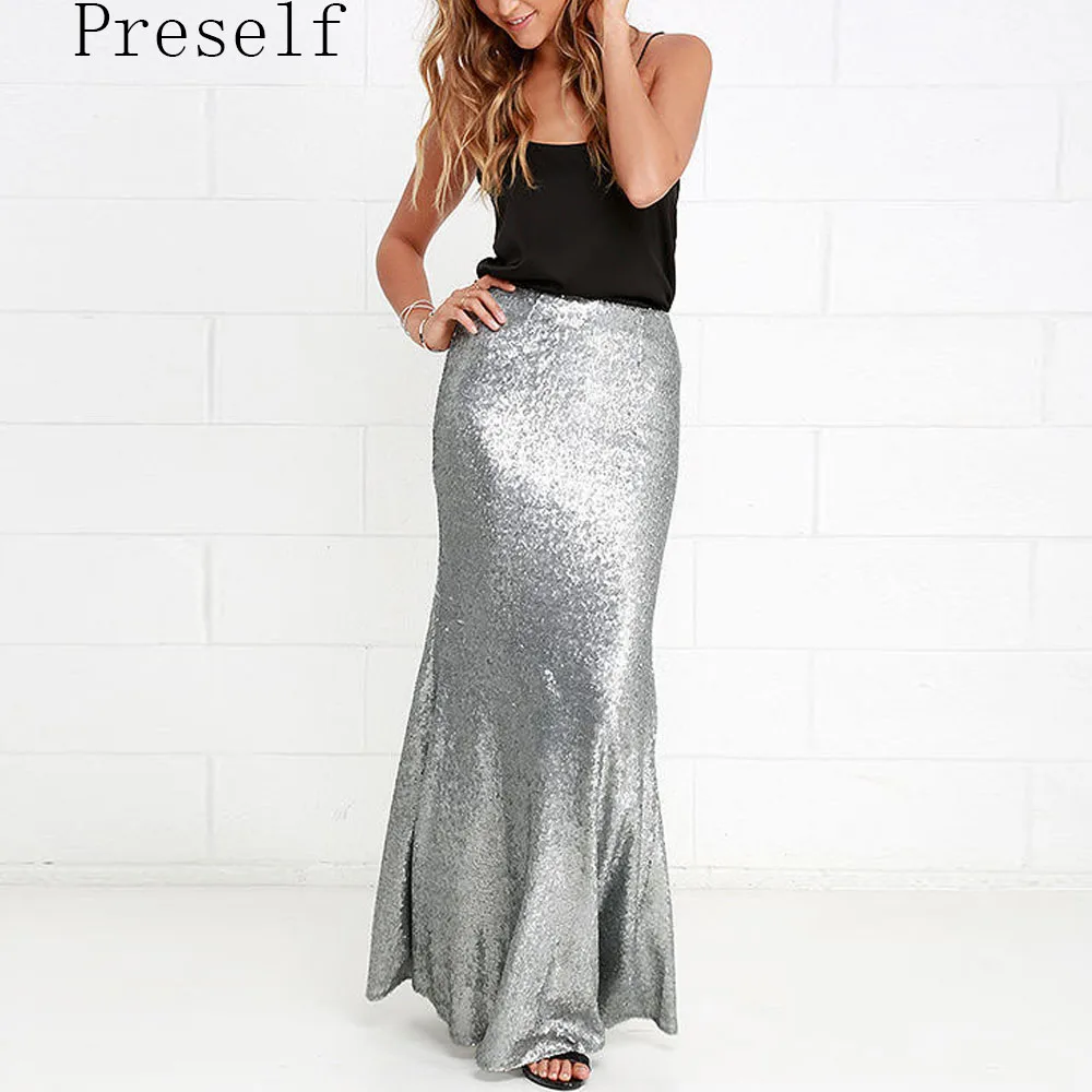 Preself Sequins Long Skirts New Women Fashion Slim Silver Party Gothic