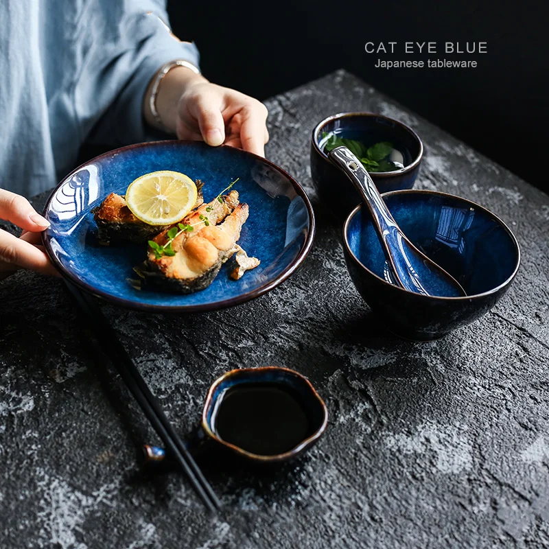 

KINGLANG Deep Blue Ceramic Tableware 1 Person Porcelain Tableware Dinner Set Plate Bowl Cup Sauce Dish