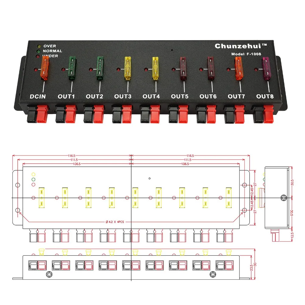 Chunzehui F-1008 горизонтальный 9 Порт 40A разъем питания разветвитель распределитель источник полосы, 1 вход и 8 выход
