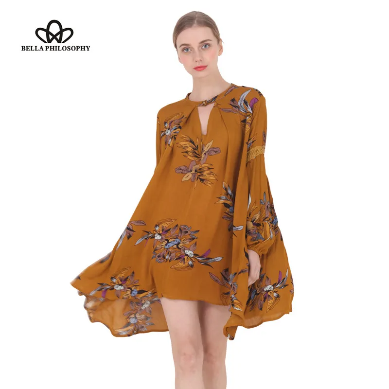 Wonder 2018 spring summer new casual long-sleeved V-neck floral print yellow blue women mini dress