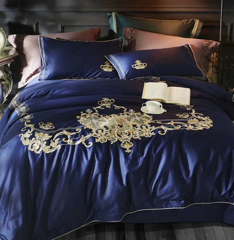 

Navy Blue luxury Golden Royal Embroidery Egyptian Cotton Bedding Set Queen King Size Duvet Cover Bed Linen Bed sheet Pillowcases