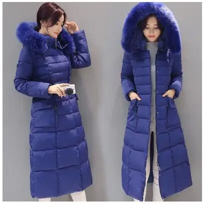 Royal blue Женская зимняя куртка с капюшоном пальто корейский утягивающий хлопковый длинный пальто теплая парка толстое Женское пальто Модная одежда - Цвет: Royal blue