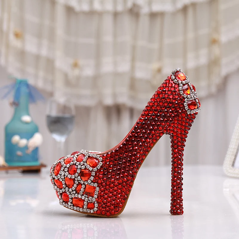 red evening shoes with rhinestones