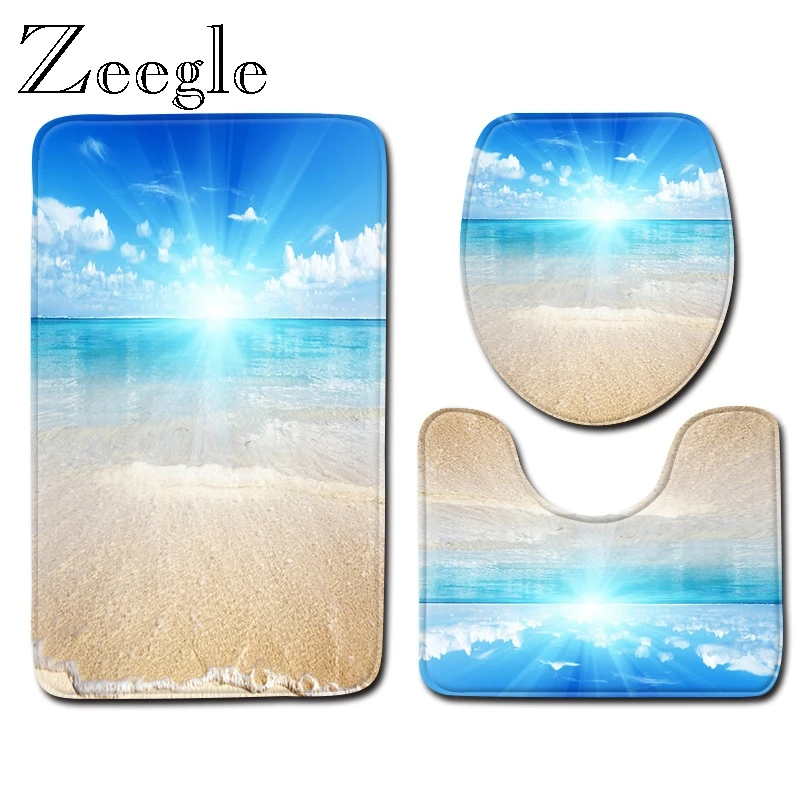 

Zeegle Home Decor 3Pcs Bath Mat Sets Non-slip Bathroom Rug Toilet Mats Doormat Seaside Design Floor Mats Toilet Lid Cover