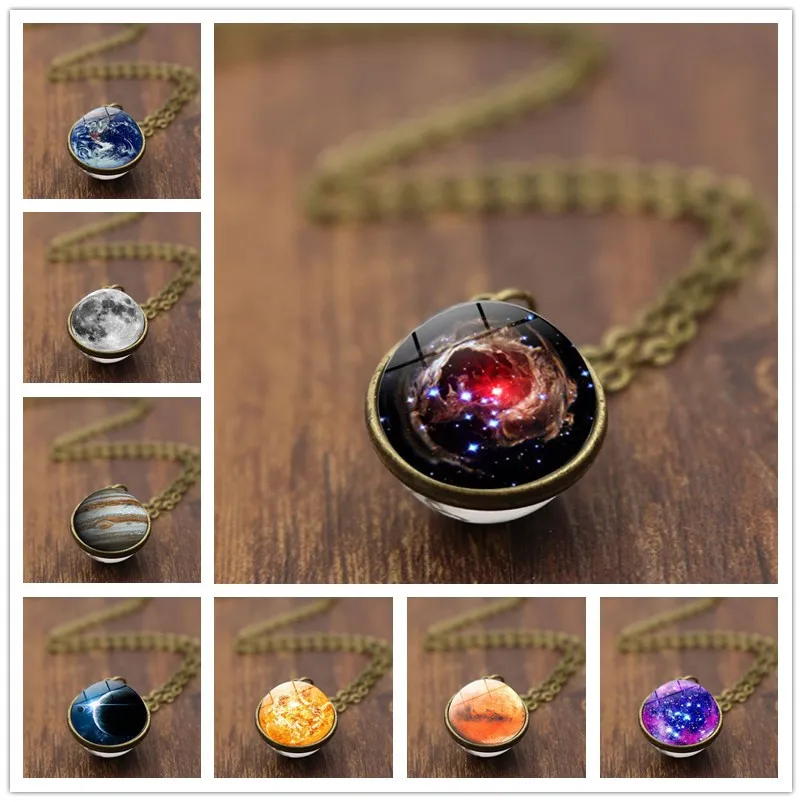 

Galaxy Planet Pendant Solar System Universe Necklace For Women Men Long Chain Double Sided Moon Nebula Glass Necklace Jewelry