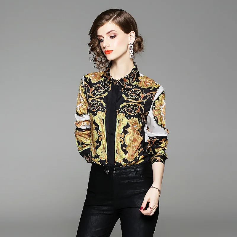  2018 runway designer womens tosp autumn blouse long sleeve fashion vintage print blouse ladies offi