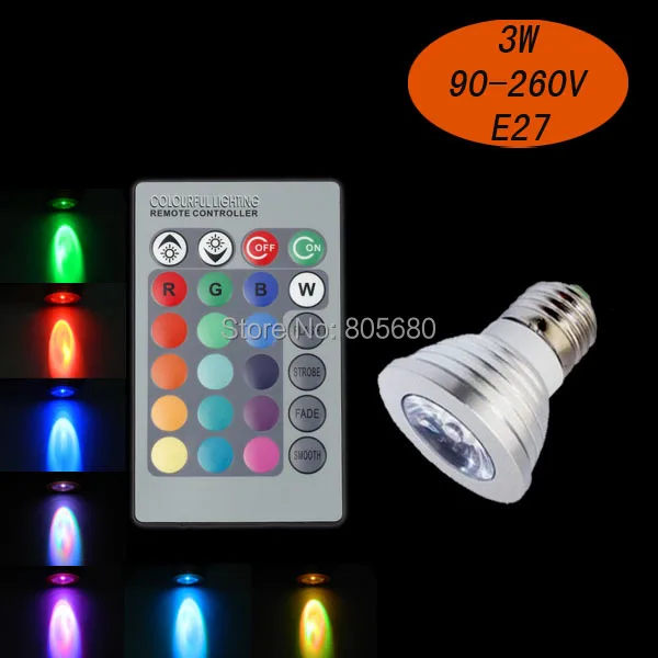 

Hot sale AC85-265V 3w e27 remote control 16 color rgb led bulb light