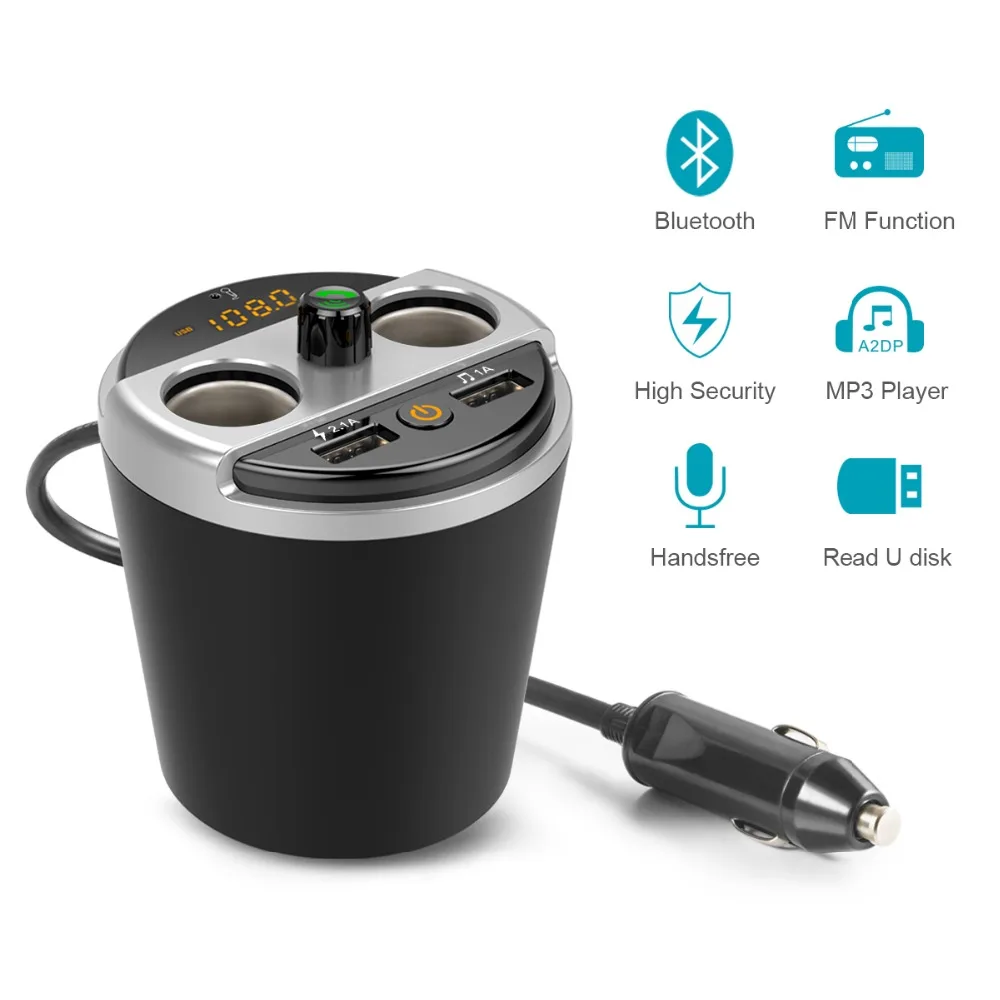 Siparnuo Bluetooth fm transmitter USB Car Charger Voltage Current DisplayCar Cup Holder Car Cigarette Lighter Socket Adapter