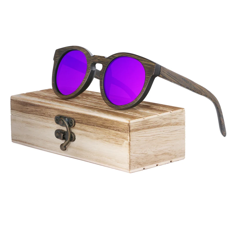 BerWer солнцезащитные очки для мужчин и женщин, поляризационные новые модные деревянные солнцезащитные очки, высокое качество, Бамбуковая оправа - Цвет линз: purplelens with case