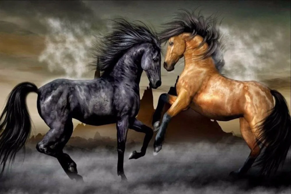 1422 Two Galloping Horses Fight-Wall Sticker Art Poster For Home Decor Silk Canvas Painting